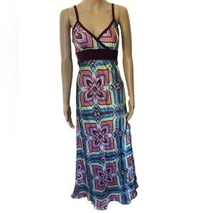 Volume One Y2K Hippie Psychedelic Eclectic Mosaic Floral Silky Satin Maxi Dress